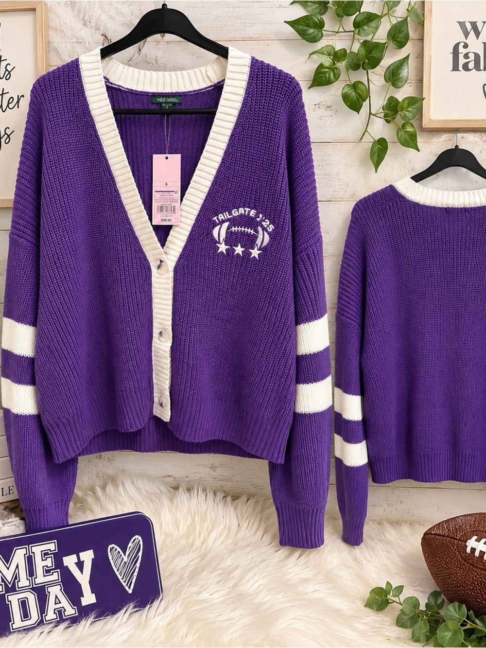 NWT Tailgate 325 Purple V-Neck Button Cardigan with Cream Trim